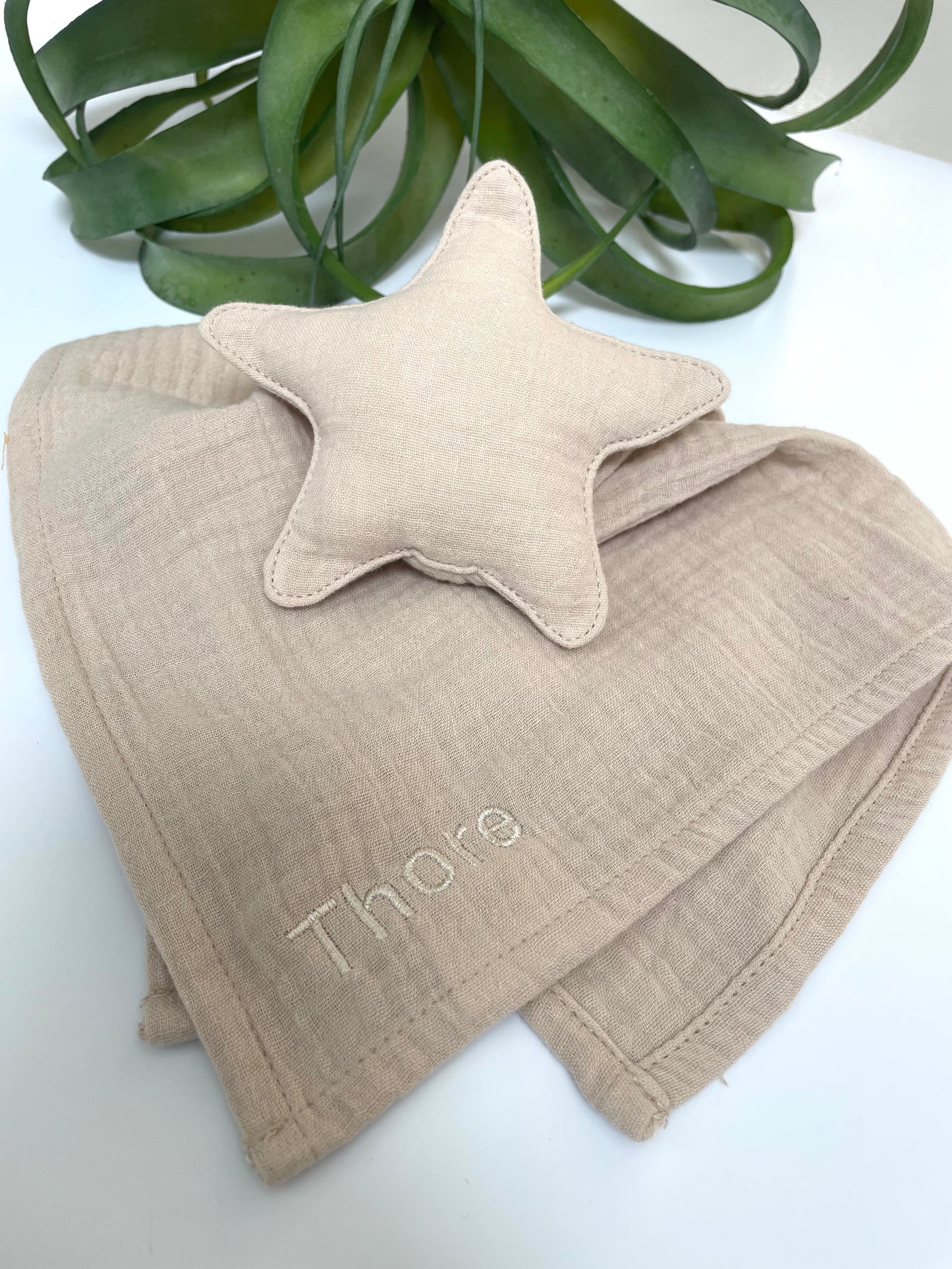 Schnuffeltuch Stern mit Name in Farbe creme