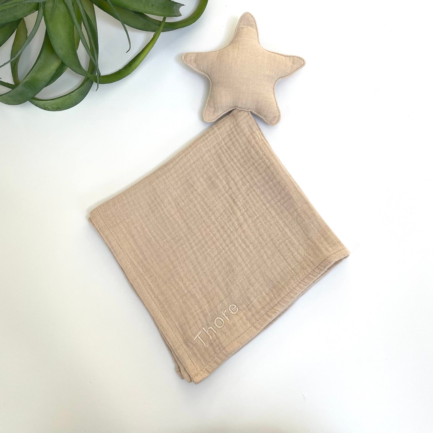 Schnuffeltuch Stern mit Name in Farbe creme