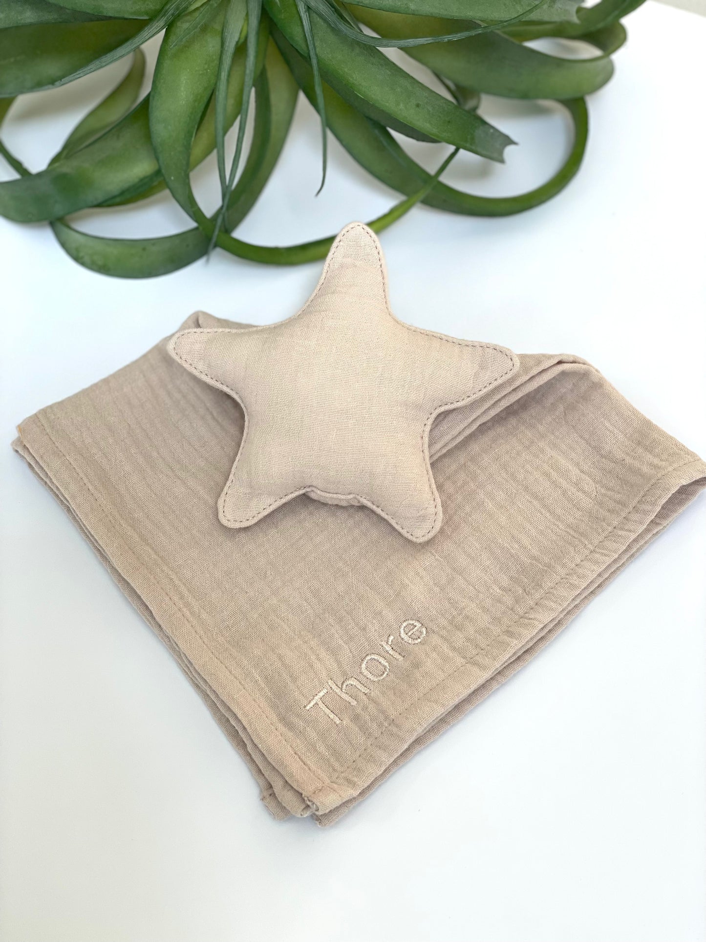 Schnuffeltuch Stern mit Name in Farbe creme