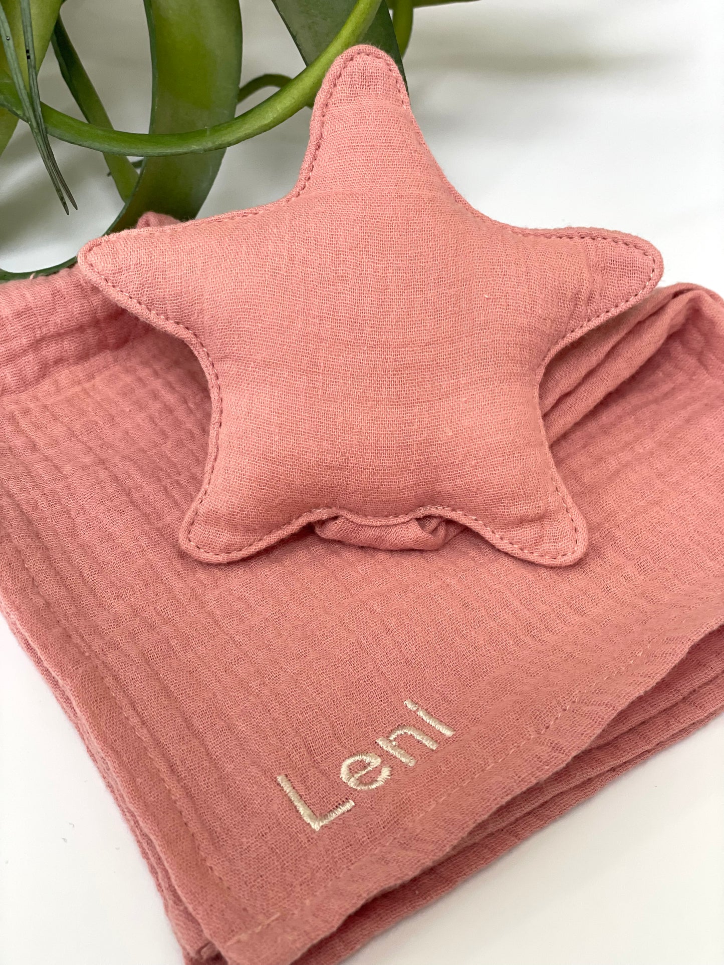Schnuffeltuch Stern mit Name in Farbe altrosa
