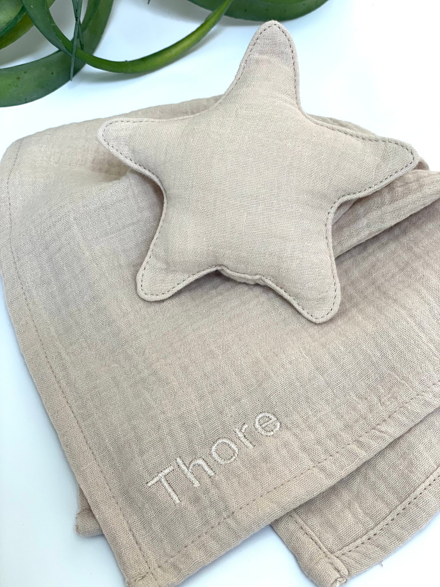 Schnuffeltuch Stern mit Name in Farbe creme