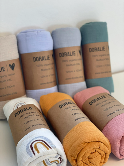 XXL Musselintuch (120 x 120 mm) in den Farben: Regenbogen, Creme, Senf, Hellblau, Grau, Mint, Rosa
